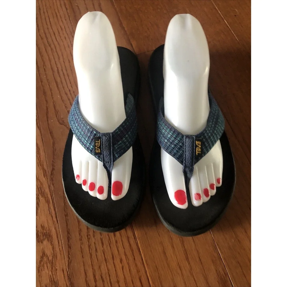 Teva Voya Flip Flops Sandals Women's 7 Slip On Thong Blue Fabric Strap Comfort